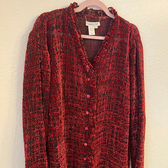 Coldwater Creek Velvet Burnout Cardigan 1X Deep Red Ruffle Trim Whimsigoth Sheer - Picture 7 of 12
